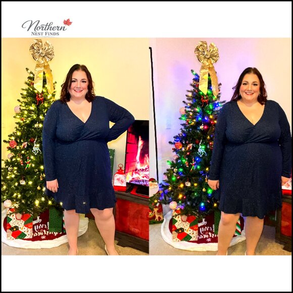 Plus Size Long Sleeve Glitter Party Dress with Ruffle Hem - Picture 7 of 7